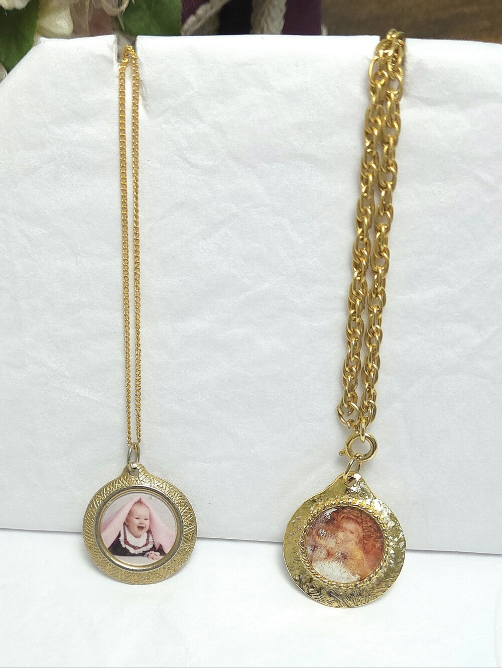 Vintage Gold Tone Textured Photo Frame Pendant Necklaces Lot of 2 Sears 1970s